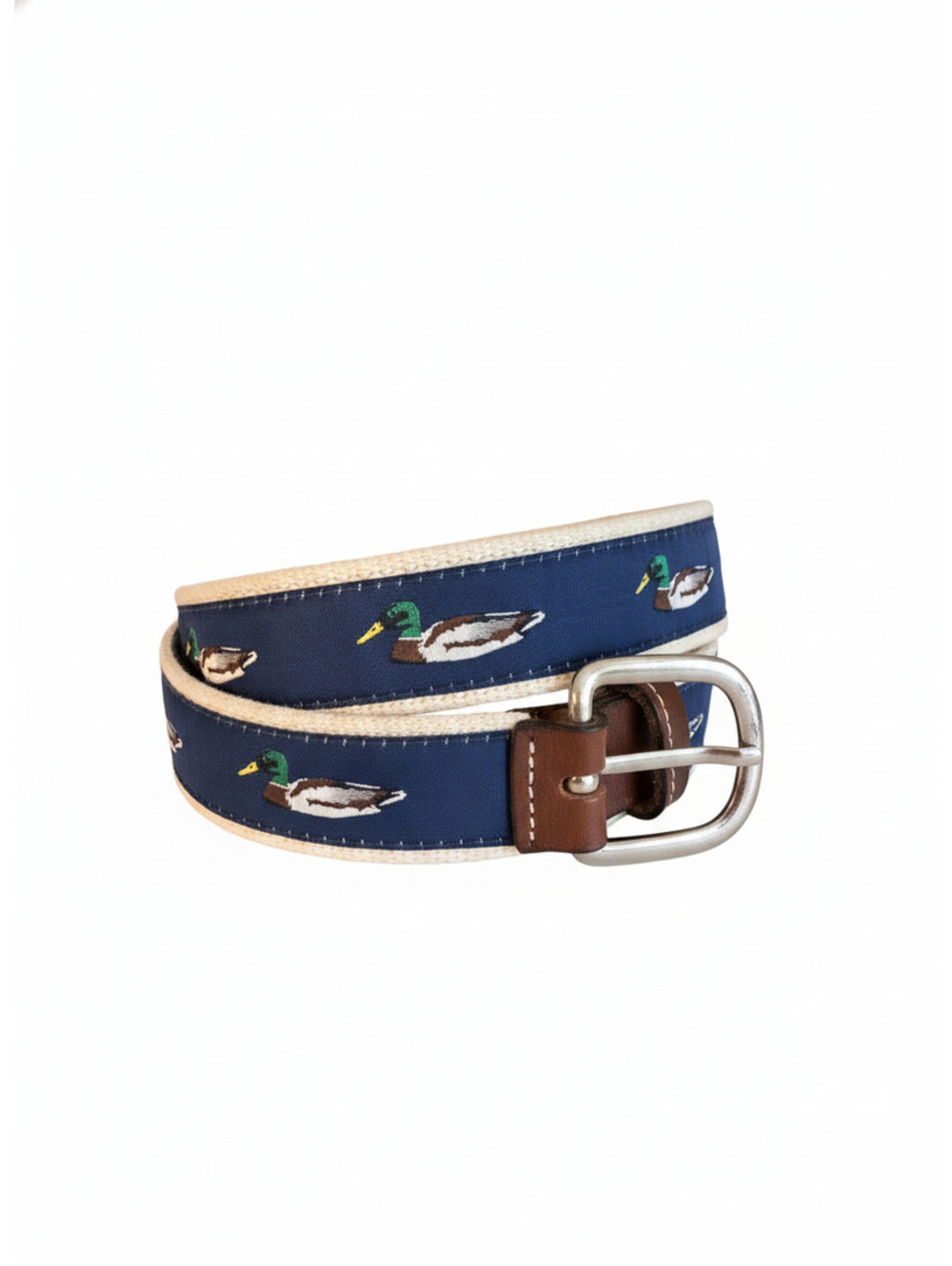 Vintage Mallard Duck Belt Navy Woven Fabric Leather Trim preppy Vtg southern